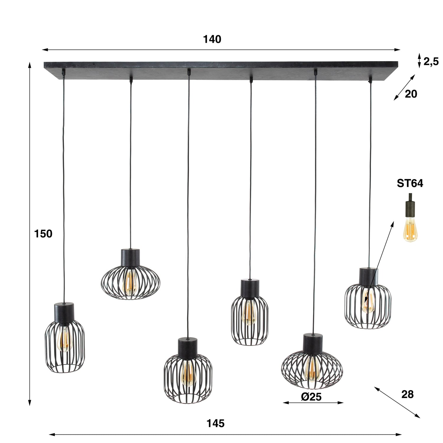 Hanglamp met 6 Lampen Mix Metal - 145x28x150 cm - Charcoal