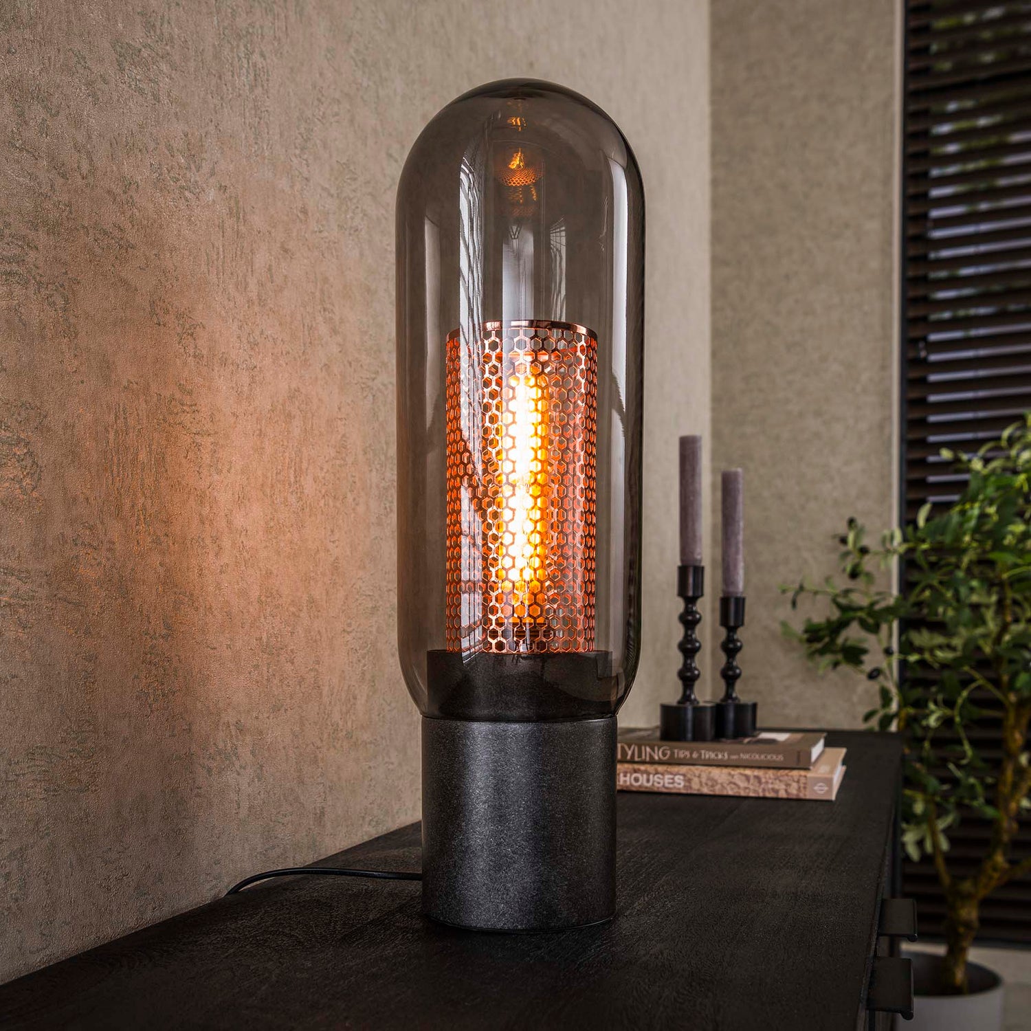 Tafellamp Smoke Glas-geperforeerd Staal - 15x15x50 cm - Artic Zwart