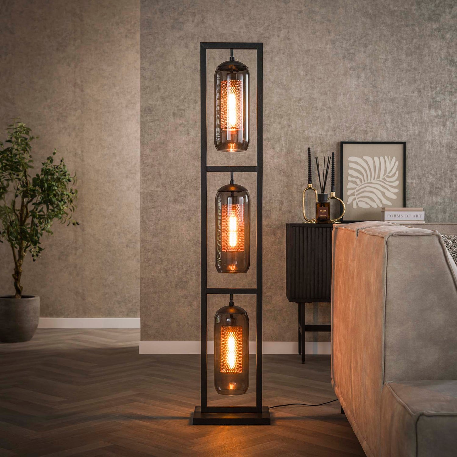 Vloerlamp met 3 Lampen Tower Smoke - 32x23x158 cm - Artic Zwart - Staal