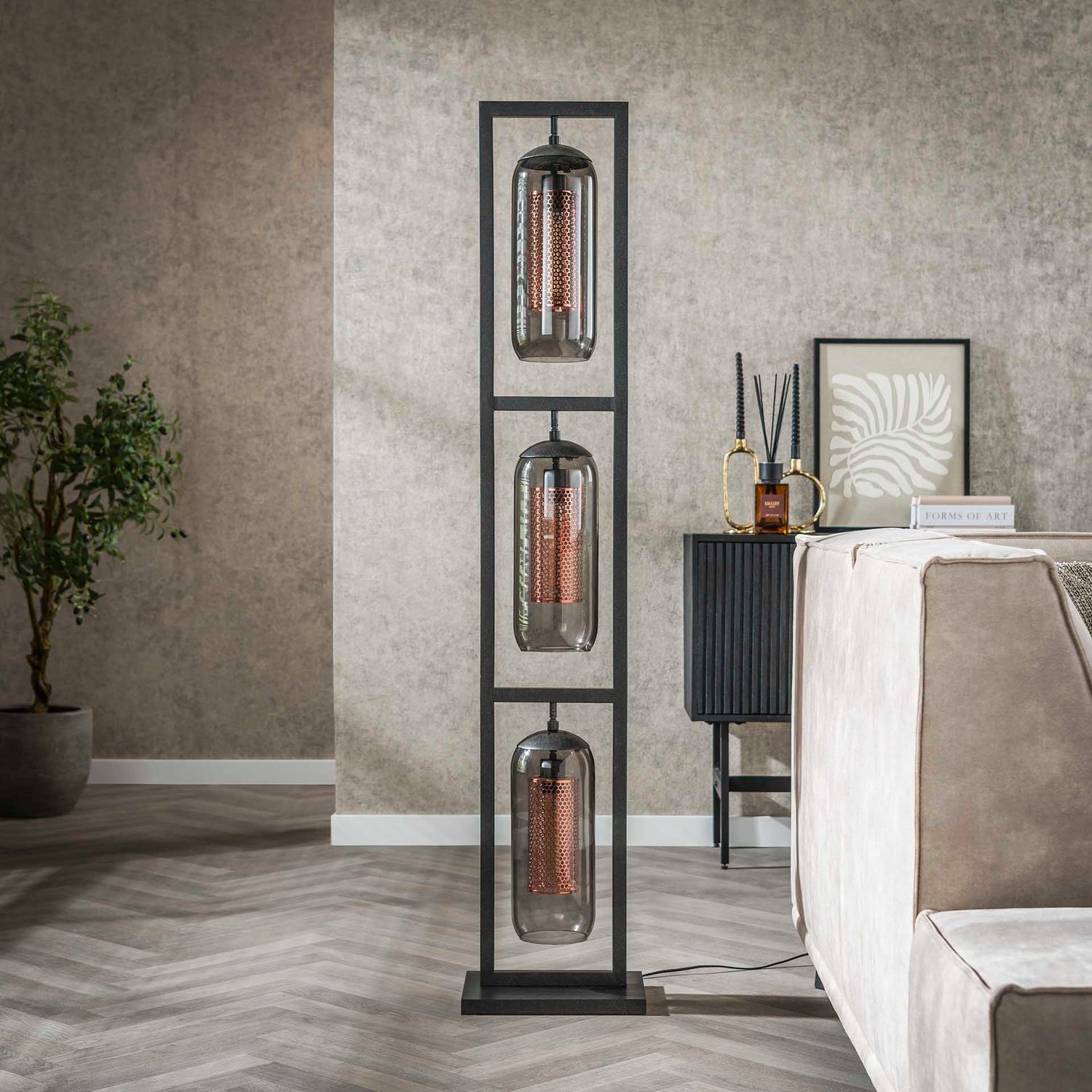 Vloerlamp met 3 Lampen Tower Smoke - 32x23x158 cm - Artic Zwart - Staal