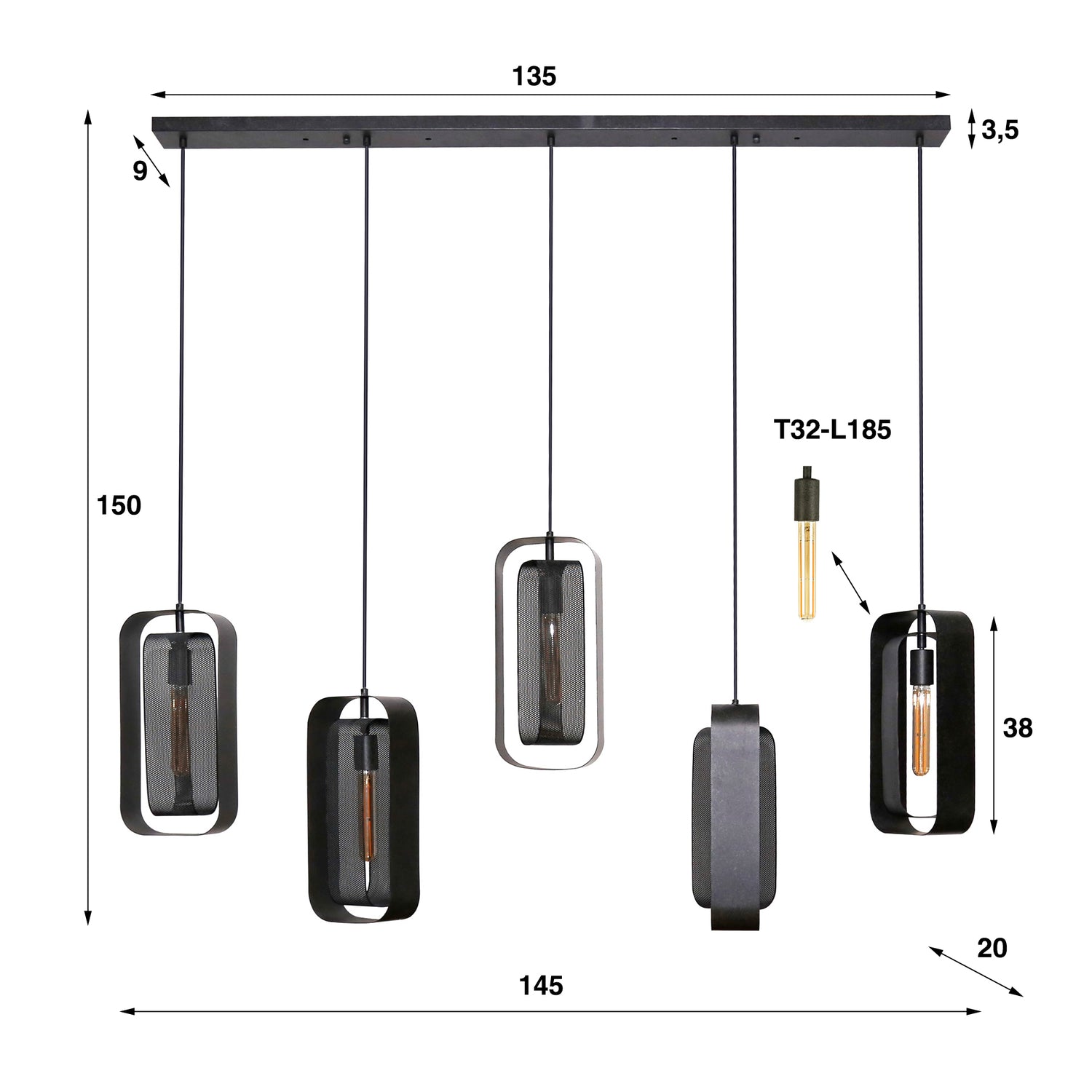 Hanglamp met 5 Lampen mesh rotate - 145x20x150 cm - Artic Zwart