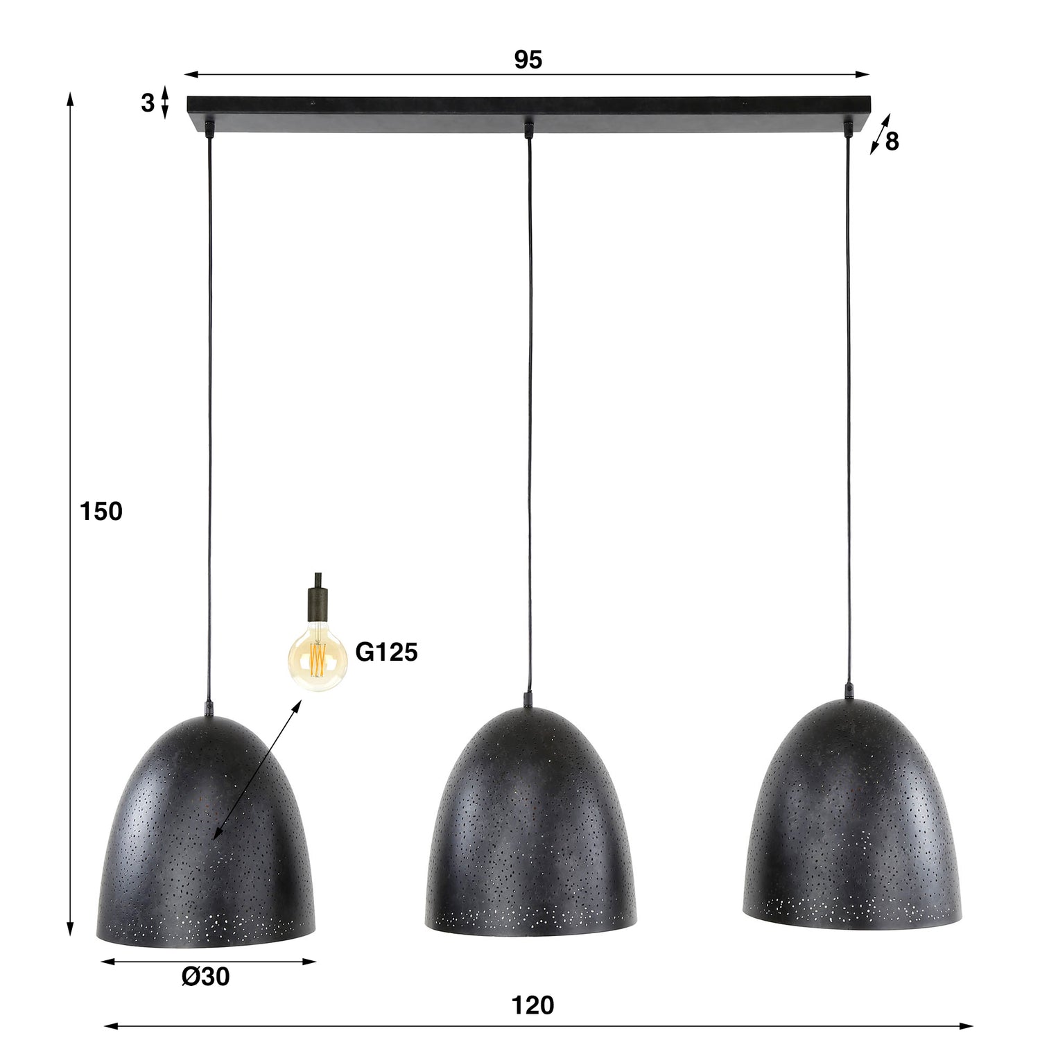 Hanglamp met 3 lampen kosmos - 120x30x150 cm - Charcoal - Glas