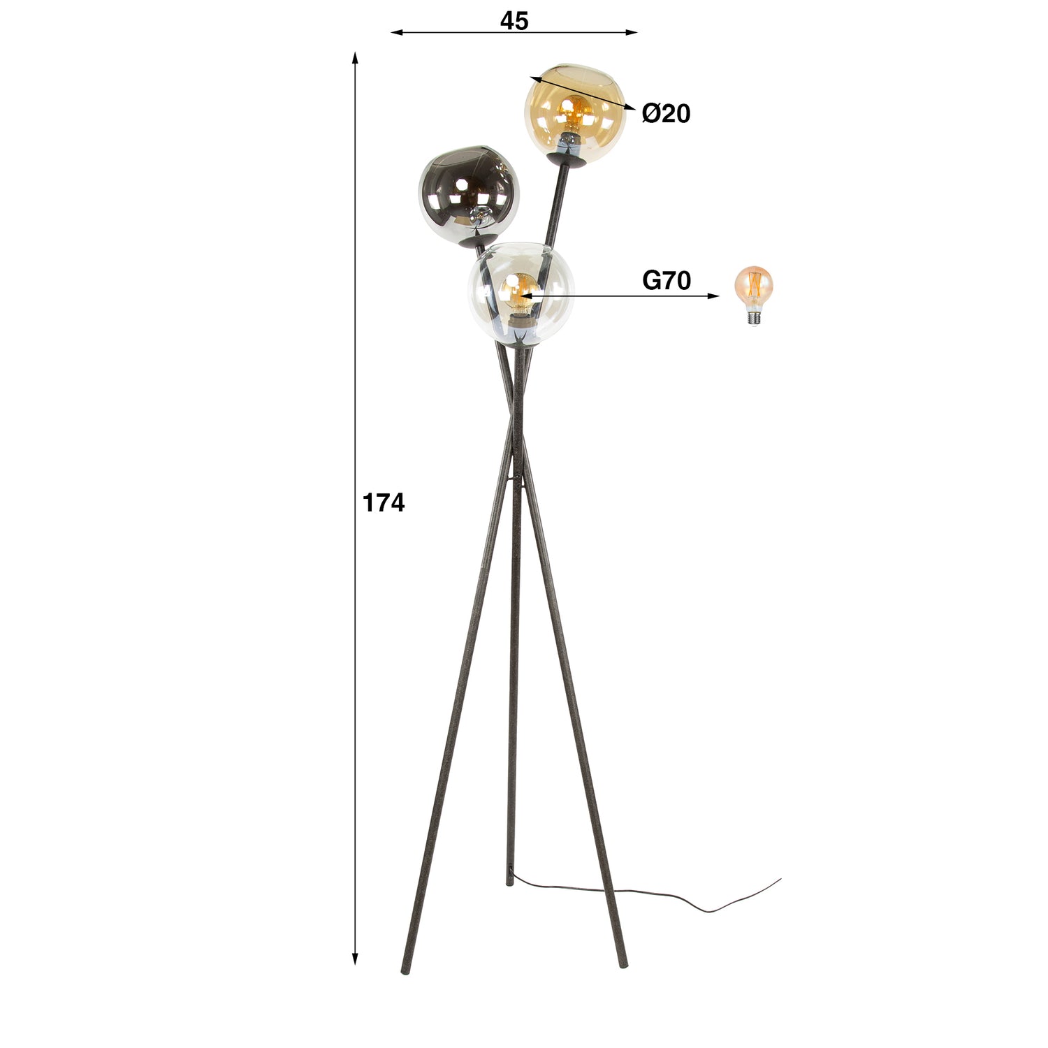 Vloerlamp Multi Globe met 3 lampen - 45x45x174 cm - Artic Zwart