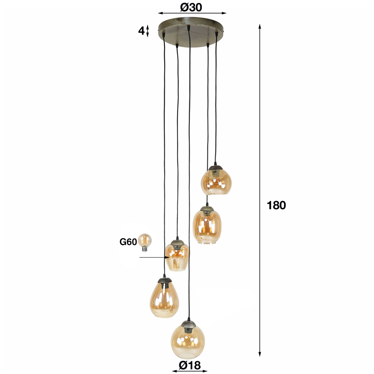 Hanglamp met 5 lampen getrapt mix - 43x43x150 cm - Amber - Glas