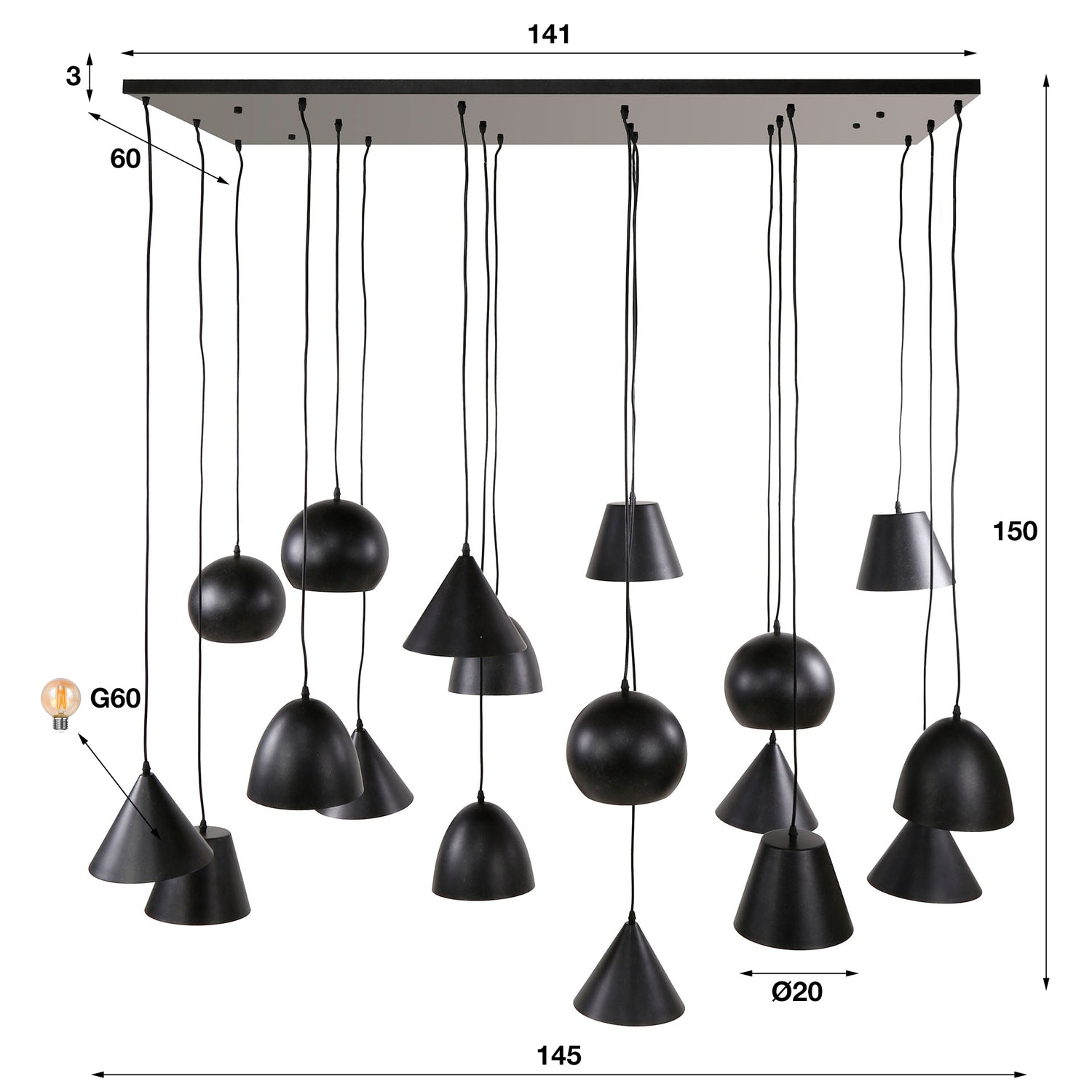Hanglamp met 18 lampen XXL metalen kap - 145x60x150 cm - Artic Zwart - Metaal