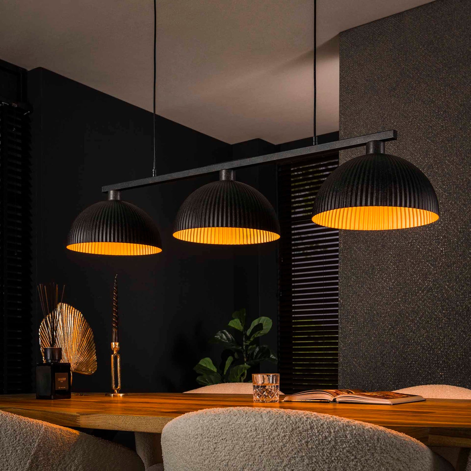 Hanglamp met 3 Lampen halfronde kap-ribbel - 120x30x150 cm - Artic Zwart