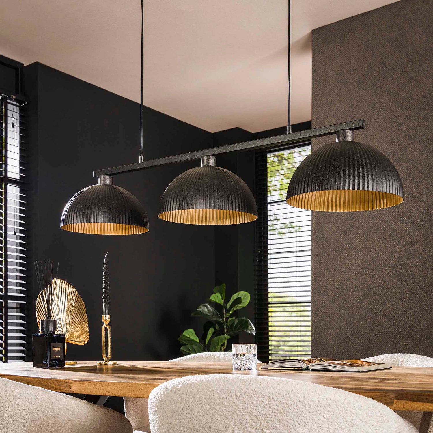 Hanglamp met 3 Lampen halfronde kap-ribbel - 120x30x150 cm - Artic Zwart