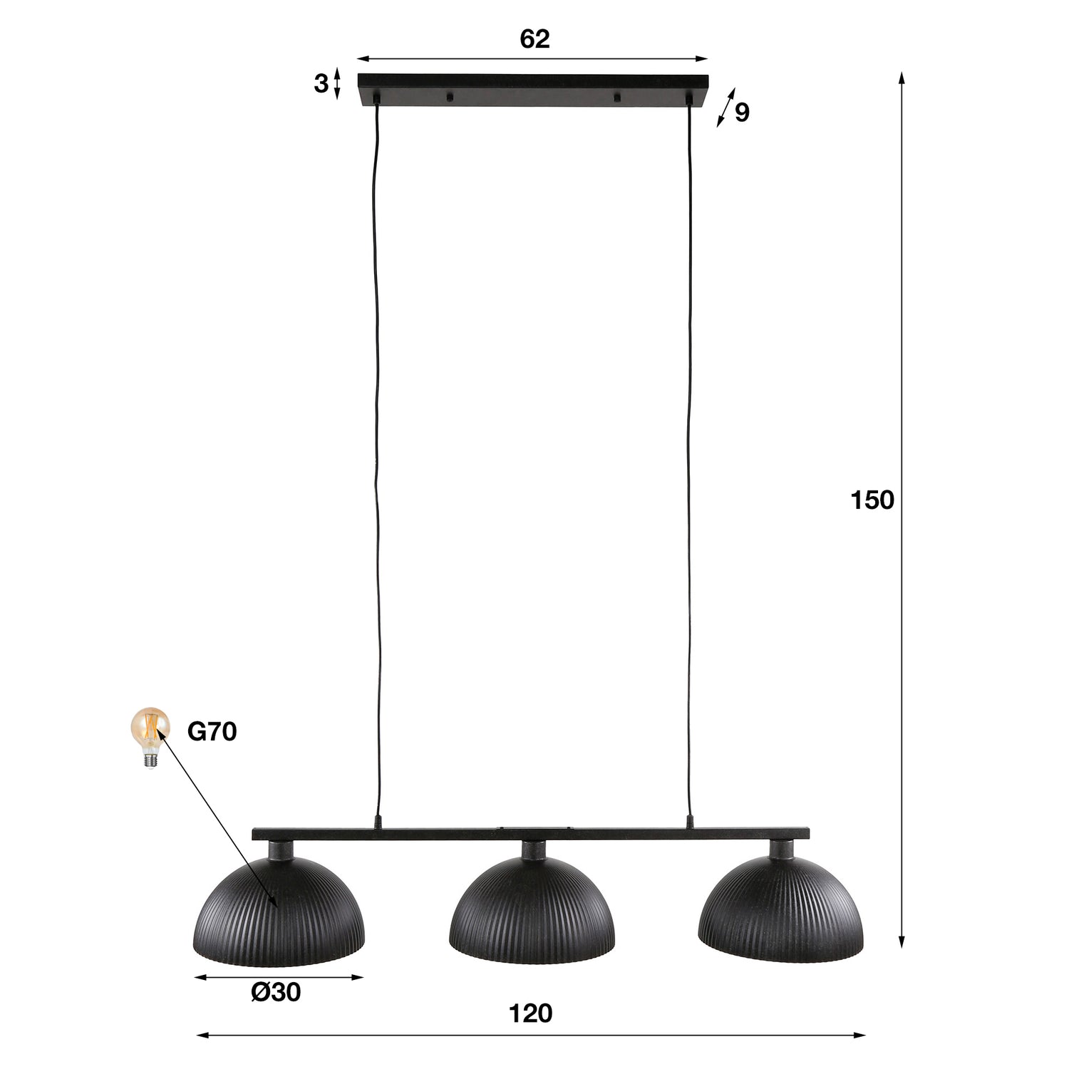 Hanglamp met 3 Lampen halfronde kap-ribbel - 120x30x150 cm - Artic Zwart