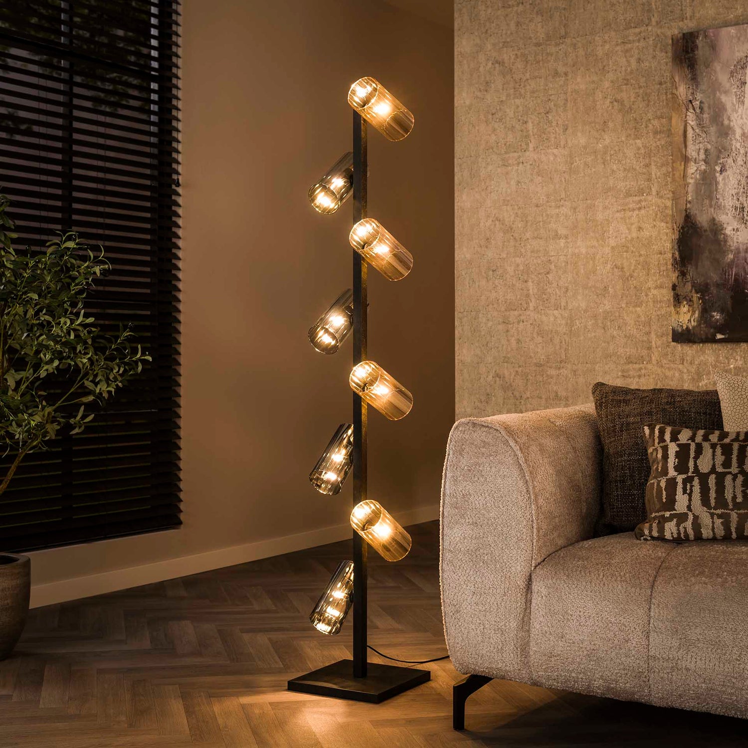 Vloerlamp met 8 lampen cylinder mixed glass - 30x30x175 cm - Artic Zwart - Glas