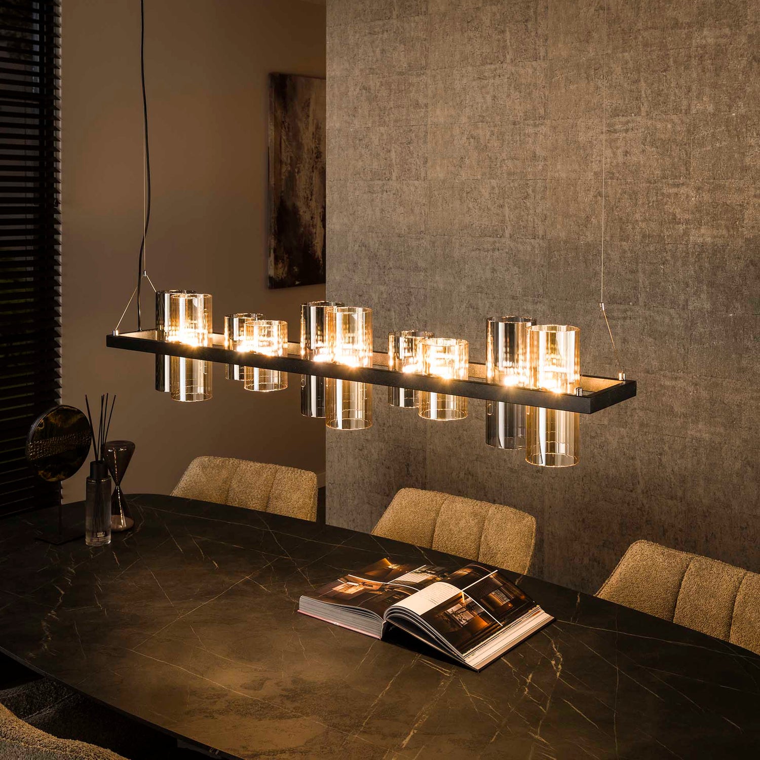 Hanglamp met 10 Lampen Cylinder Mixed Glass (G9) - 130x20x150 cm - Artic Zwart - Glas