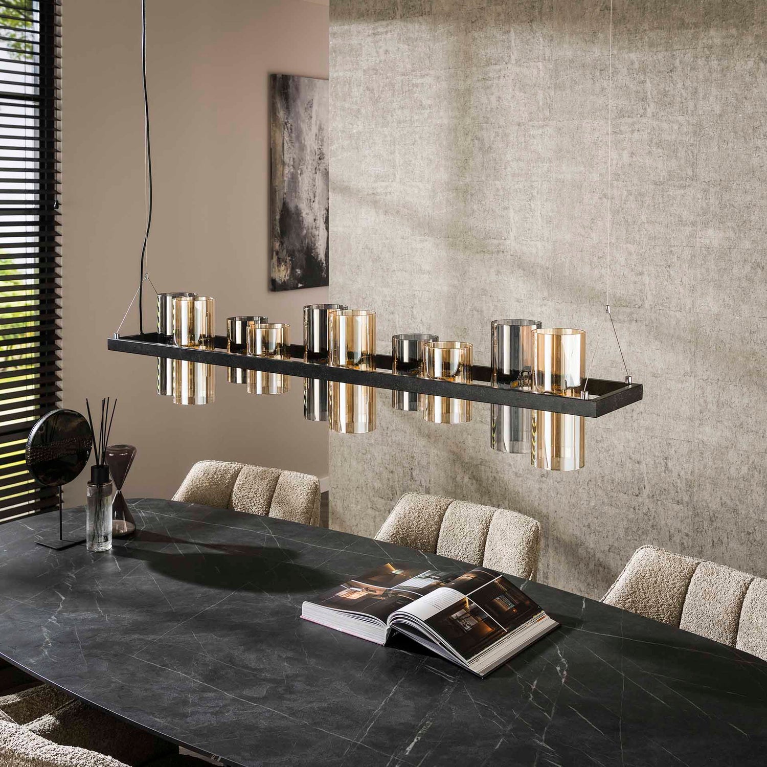 Hanglamp met 10 Lampen Cylinder Mixed Glass (G9) - 130x20x150 cm - Artic Zwart - Glas