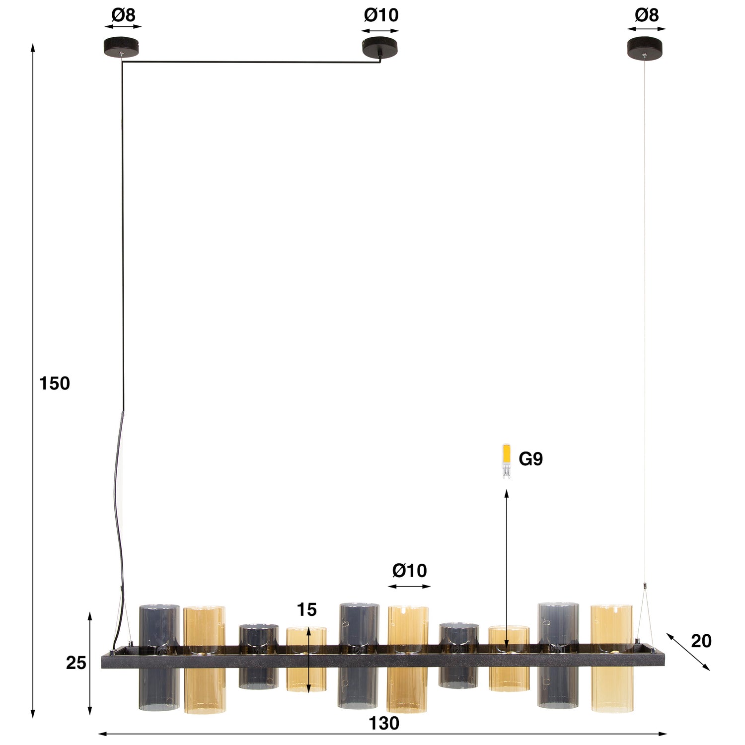 Hanglamp met 10 Lampen Cylinder Mixed Glass (G9) - 130x20x150 cm - Artic Zwart - Glas