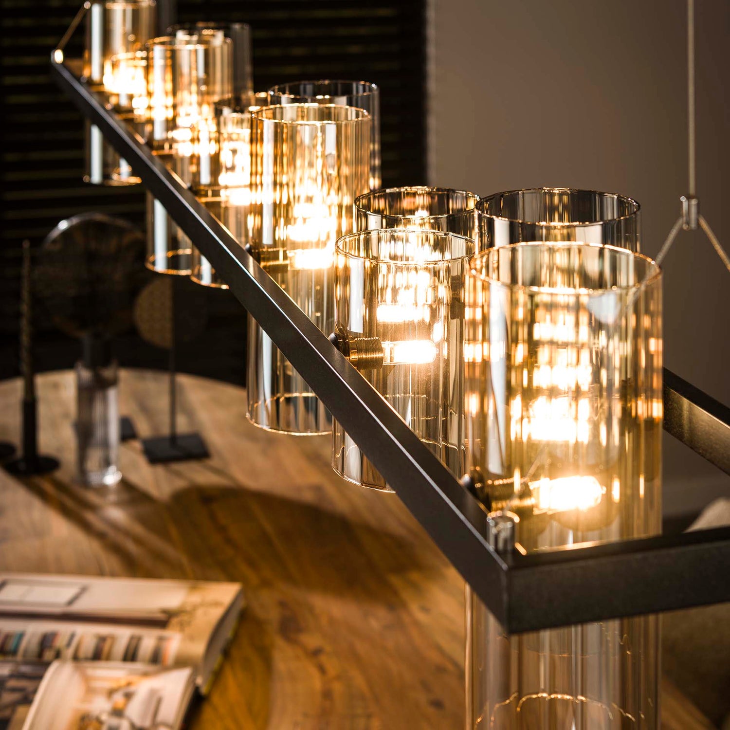 Hanglamp met 14 Lampen Cylinder Mixed Glass (G9) - 190x20x150 cm - Artic Zwart - Glas