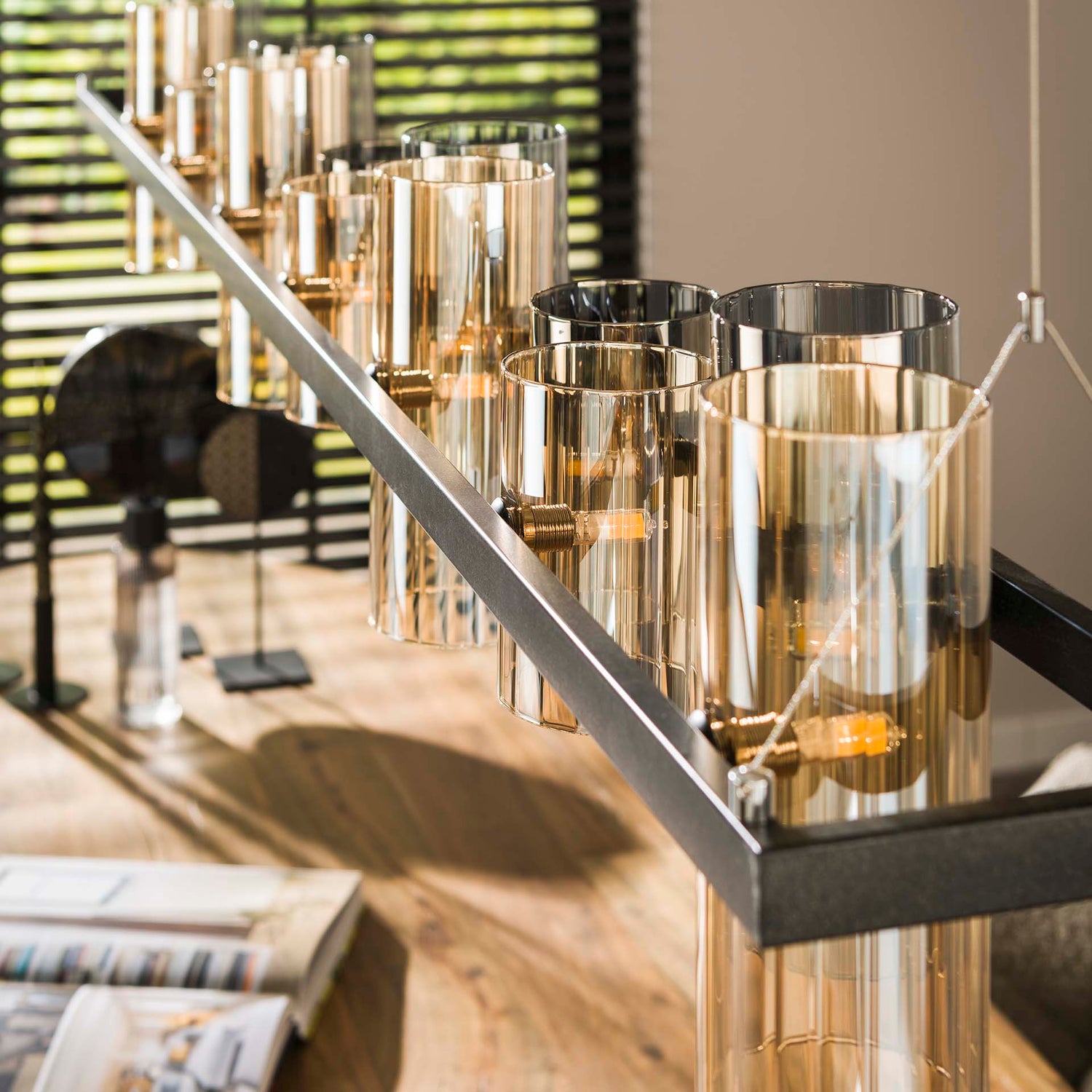 Hanglamp met 14 Lampen Cylinder Mixed Glass (G9) - 190x20x150 cm - Artic Zwart - Glas