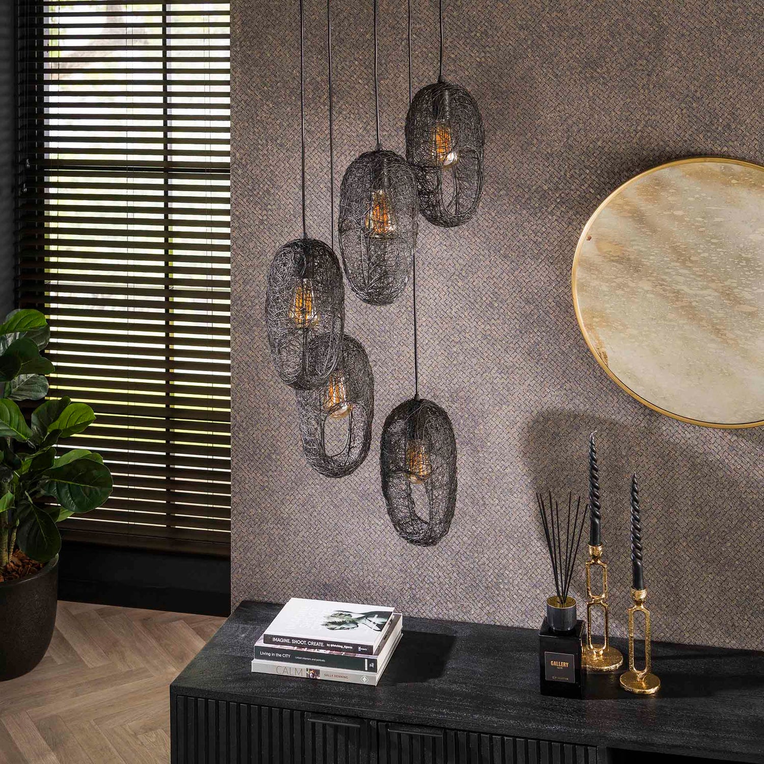 Hanglamp met 5 lampen open oog wire - 45x45x180 cm - Artic Zwart