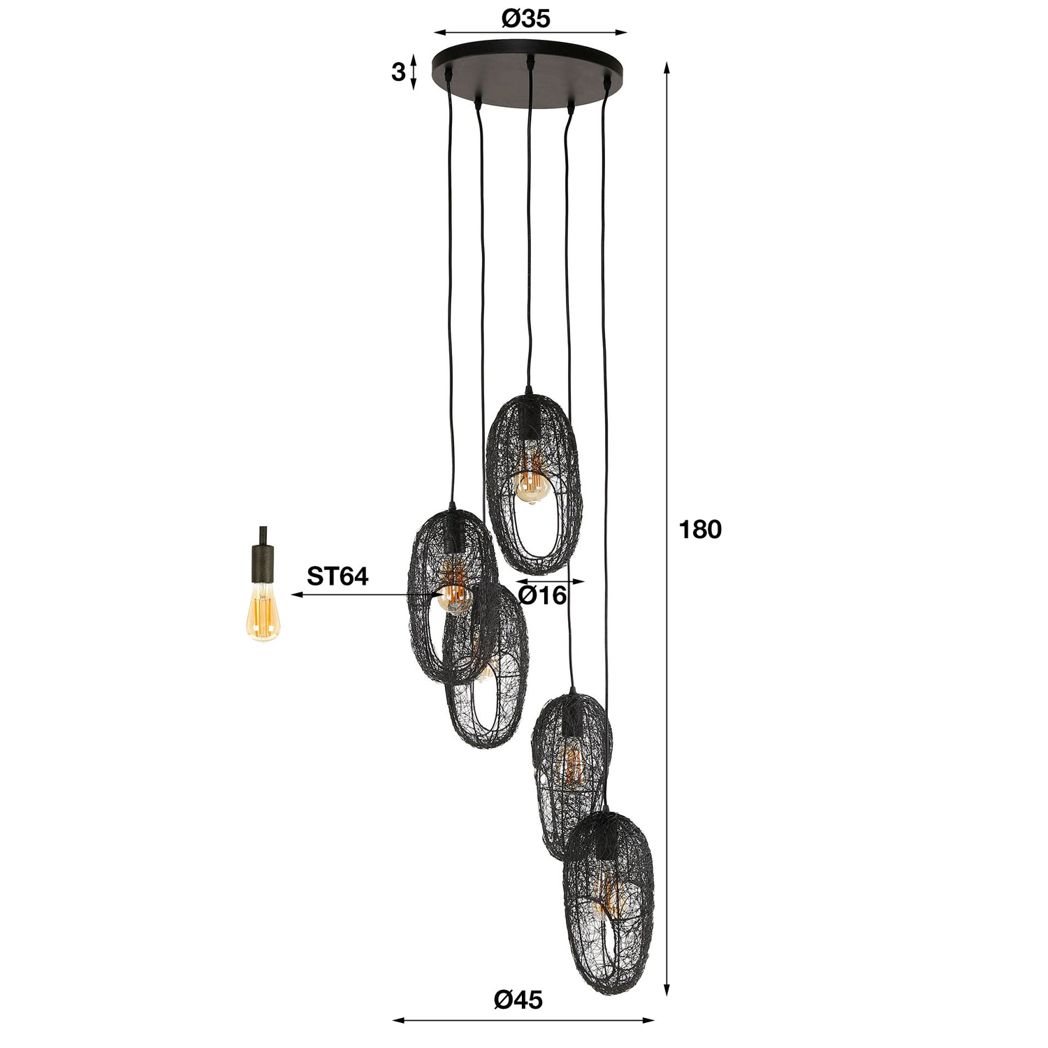 Hanglamp met 5 lampen open oog wire - 45x45x180 cm - Artic Zwart