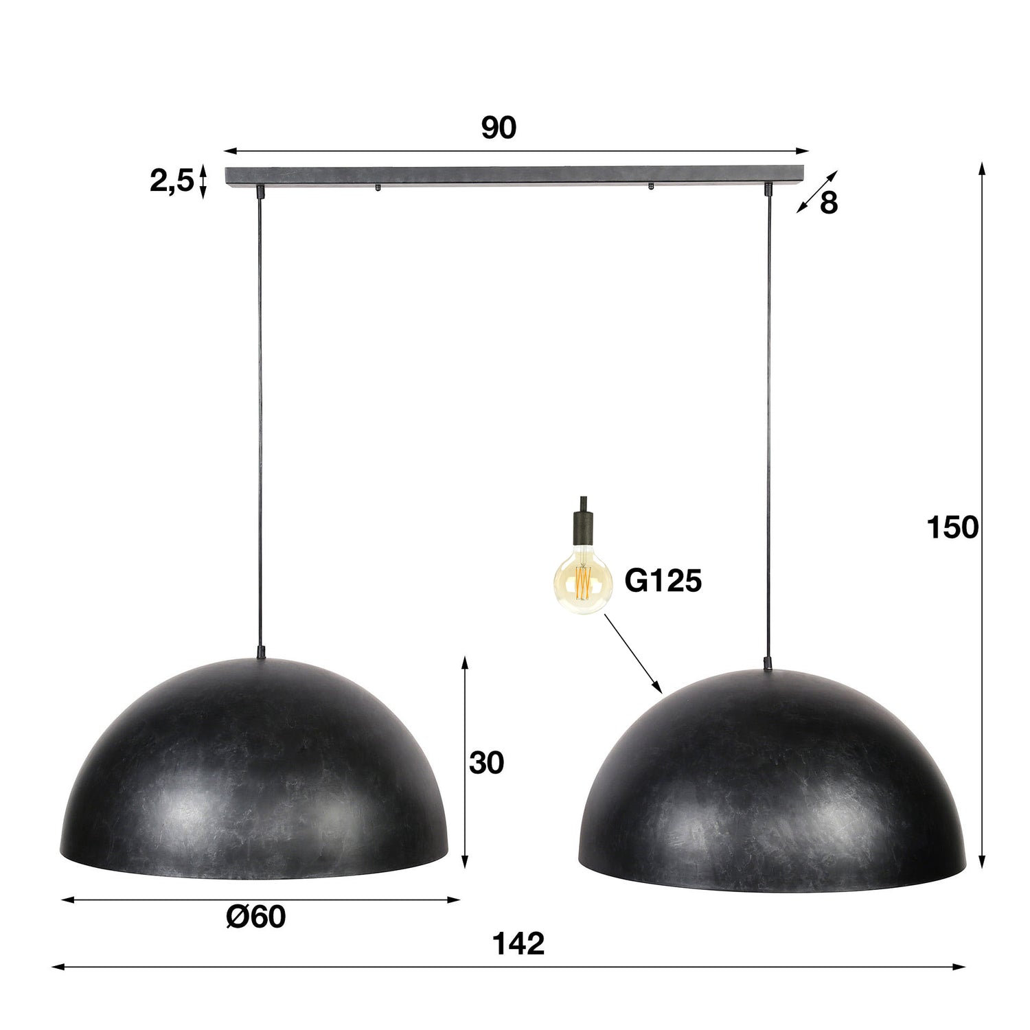 Hanglamp met 2 lampen Ø60 Dome - 142x60x150 cm - Charcoal