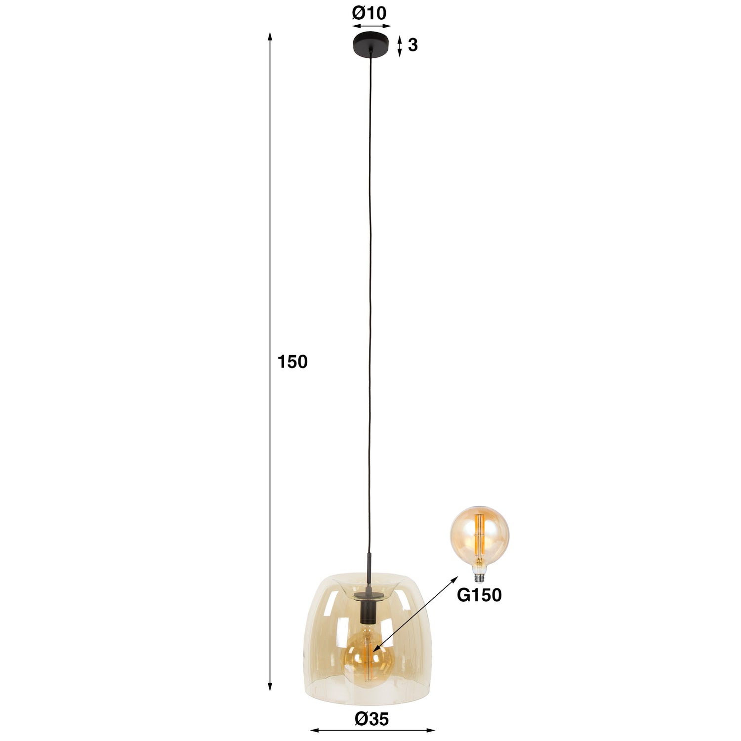 Hanglamp met 1 lamp drift glass - 35x35x150 cm - Amber - Glas
