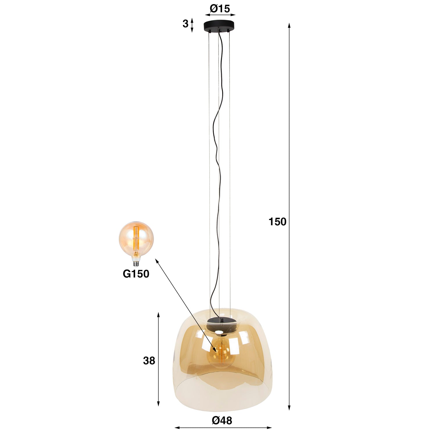 Hanglamp met 1 lamp drift XL glass - 48x48x150 cm - Amber - Glas
