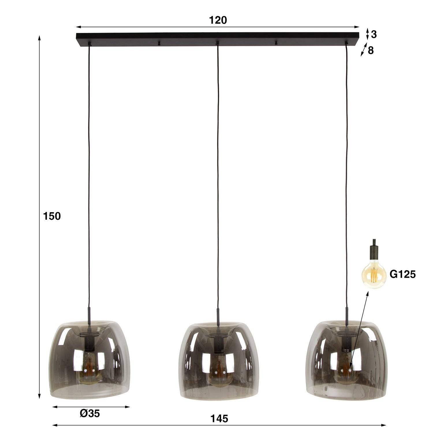 Hanglamp met 3 Lampen drift glass - 145x35x150 cm - Smoke Grey - Glas