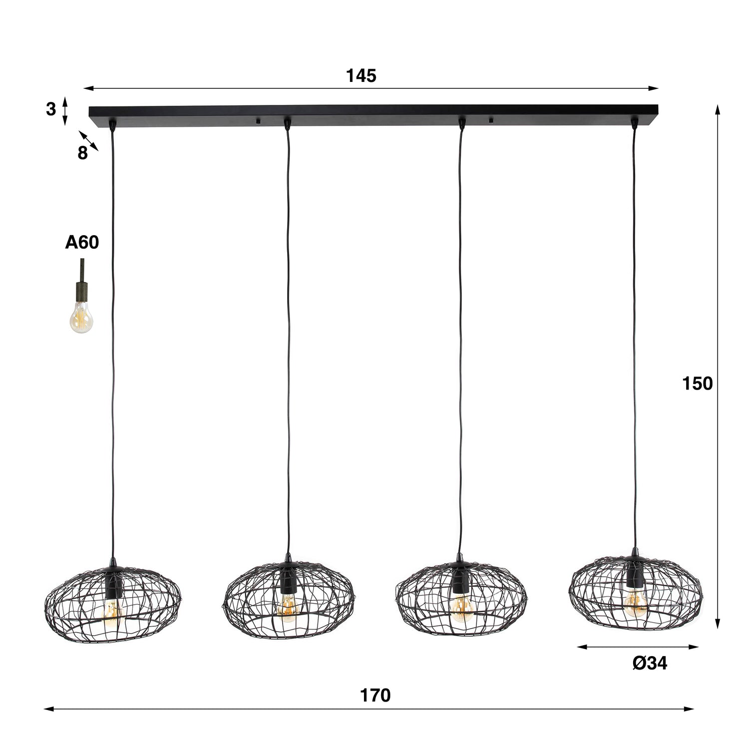Hanglamp met 4 Lampen Connect XL - 170x34x150 cm - Zwart Bruin