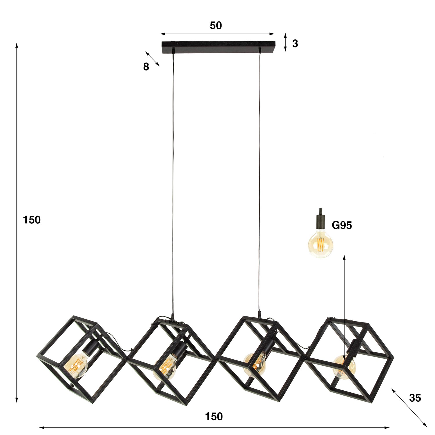 Hanglamp met 4 Lampen Kubus - 150x35x150 cm - Charcoal