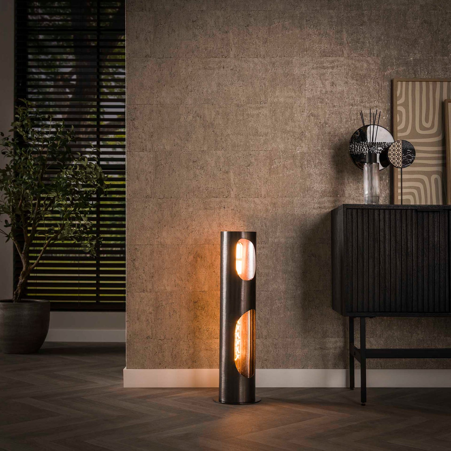 Vloerlamp Ø20 Organic Cylinder - 20x20x71 cm - Zwart Nikkel