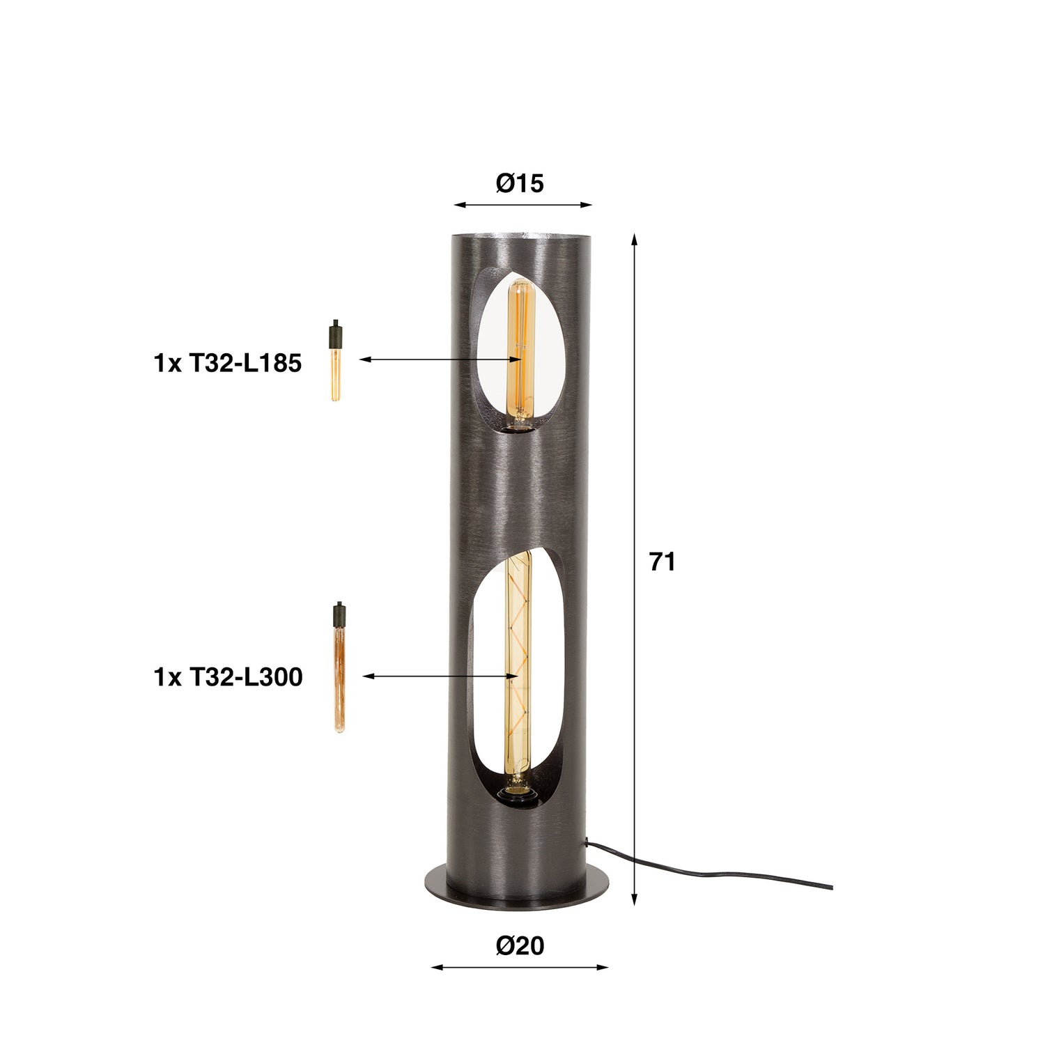 Vloerlamp Ø20 Organic Cylinder - 20x20x71 cm - Zwart Nikkel