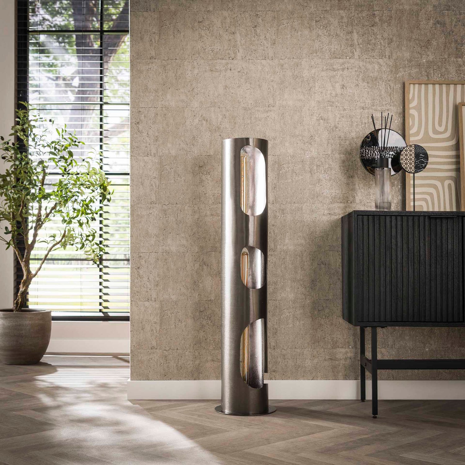 Vloerlamp Ø25 Organic Cylinder L - 25x25x111 cm - Zwart Nikkel