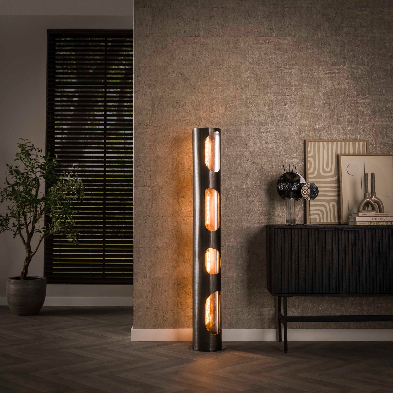 Vloerlamp Ø25 Organic Cylinder XL - 25x25x145 cm - Zwart Nikkel