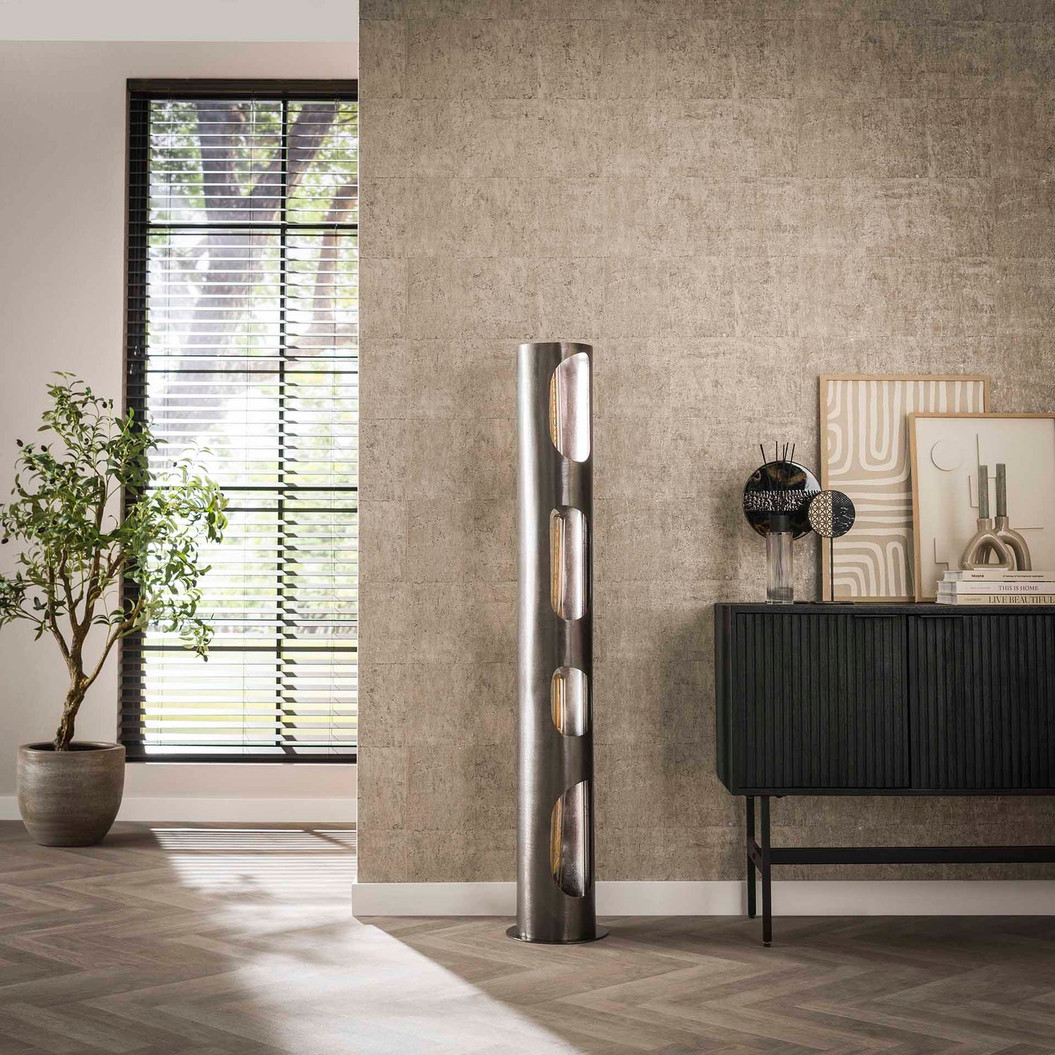 Vloerlamp Ø25 Organic Cylinder XL - 25x25x145 cm - Zwart Nikkel