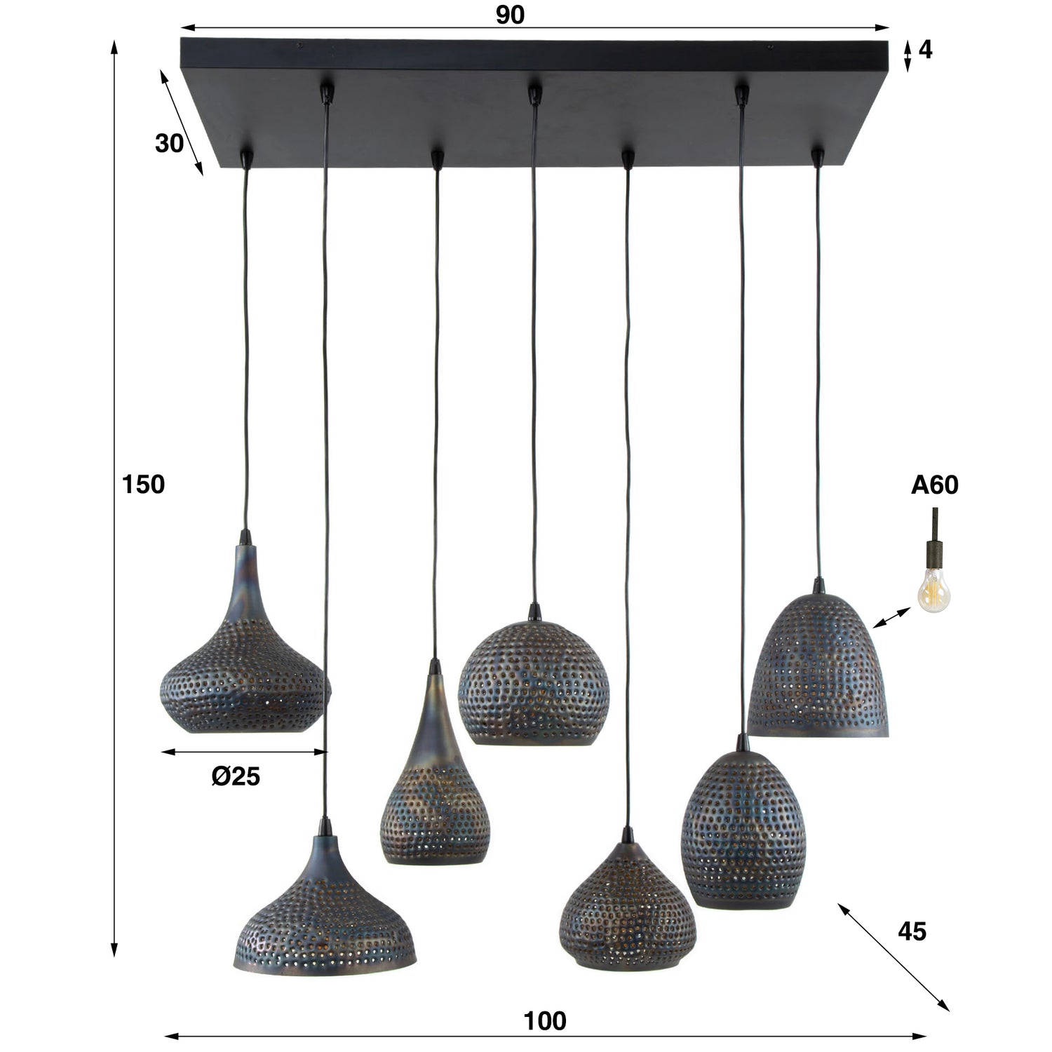 Hanglamp met 7 Lampen Punch Mix - 100x45x150 cm - Zwart Bruin