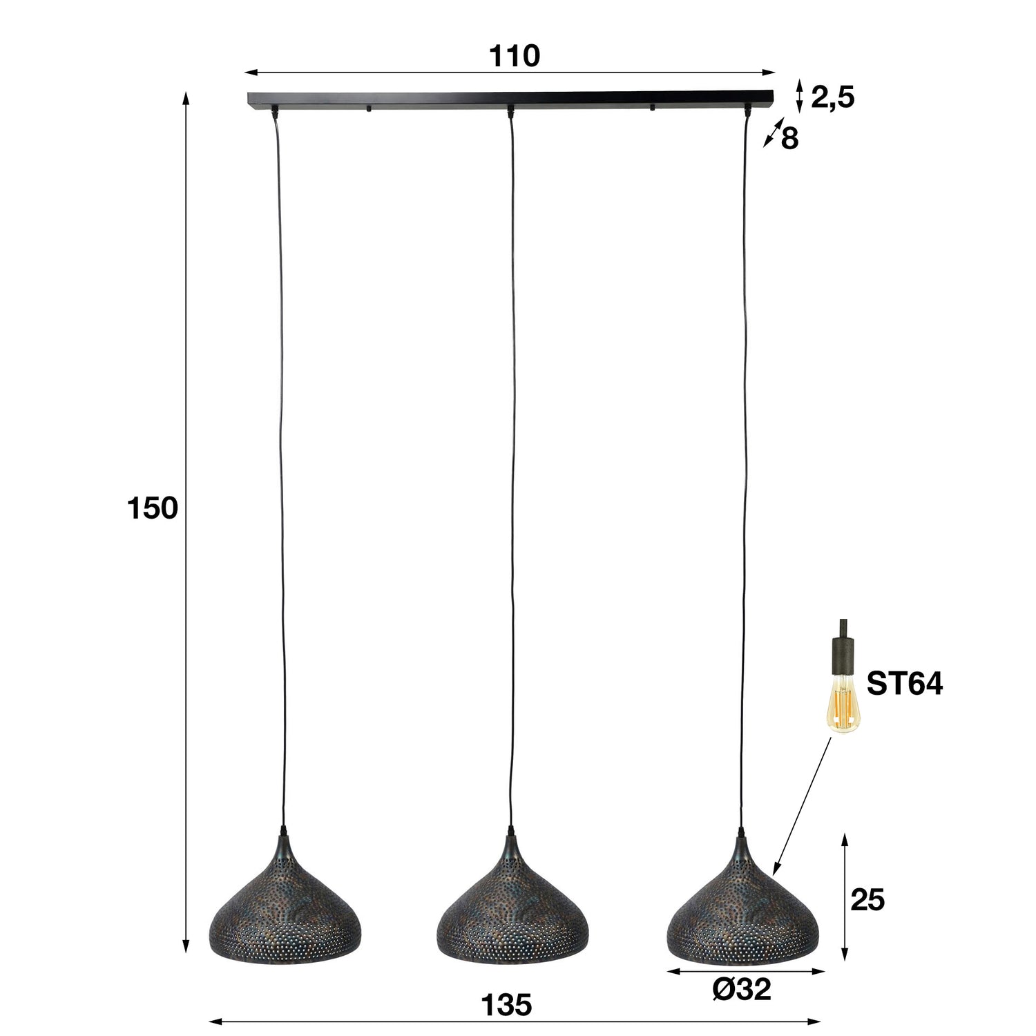 Hanglamp met 3 Lampen Punch Trechter - 135x32x150 cm - Zwart Bruin