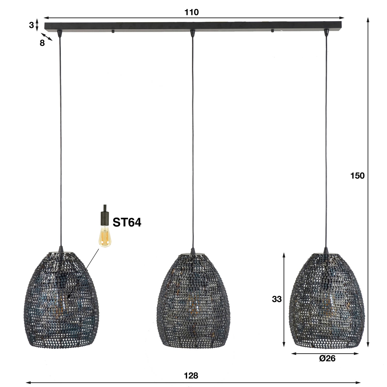 Hanglamp met 3 lampen Ø26 Armor Ovaal - 128x26x150 cm - Zwart Bruin
