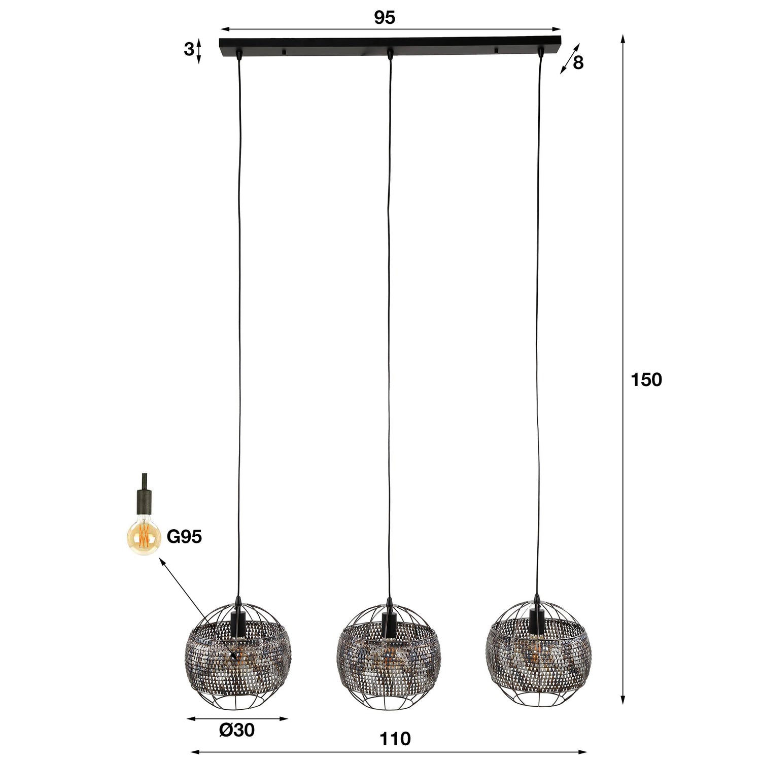 Hanglamp met 3 Lampen armor open - 110x30x150 cm - Zwart Bruin