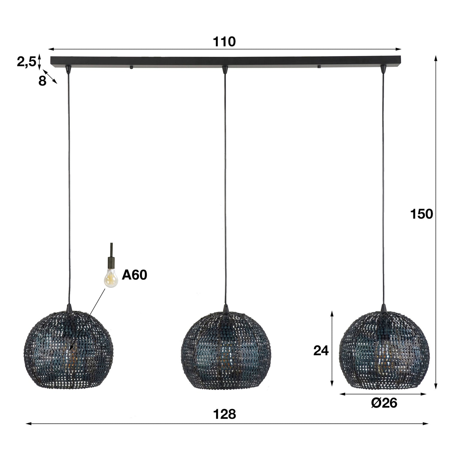 Hanglamp met 3 Lampen Ø26 Armor Half Rond - 128x26x150 cm - Zwart Bruin