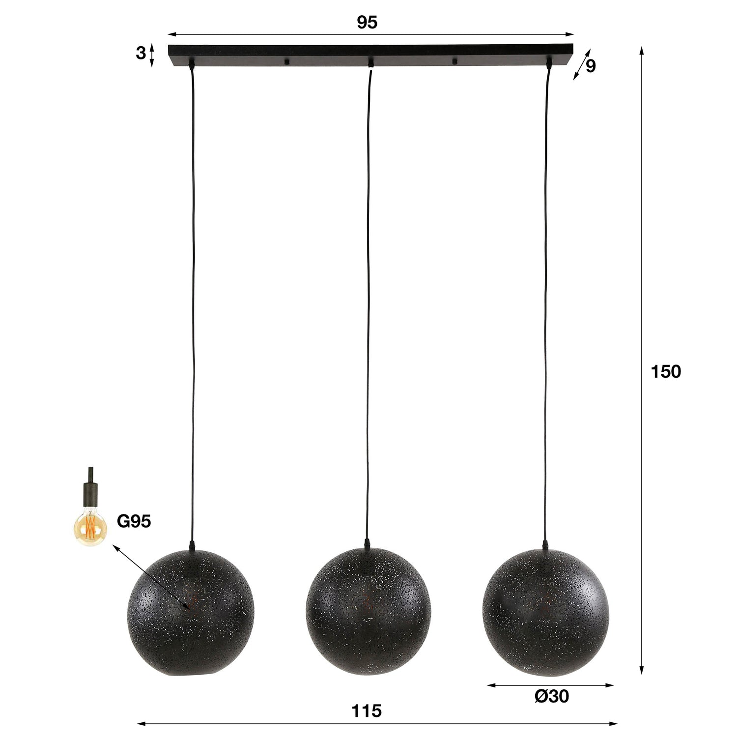 Hanglamp met 3 lampen Ø30 Zip - 115x30x150 cm - Artic Zwart