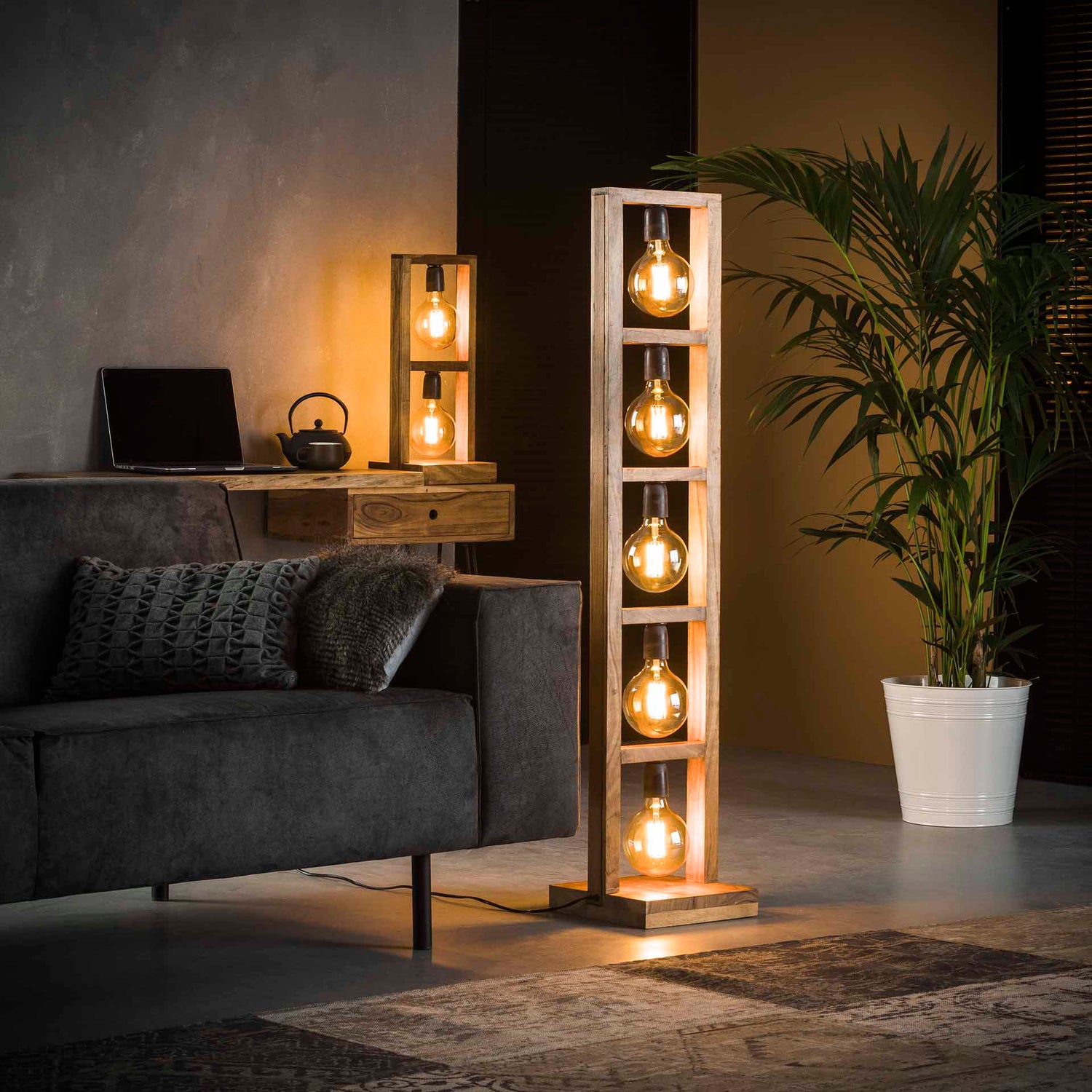 Vloerlamp met 5 lampen modulo houten frame - 28x28x135 cm - Naturel - Acacia