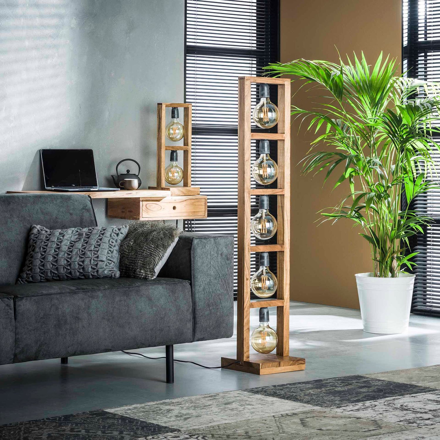 Vloerlamp met 5 lampen modulo houten frame - 28x28x135 cm - Naturel - Acacia