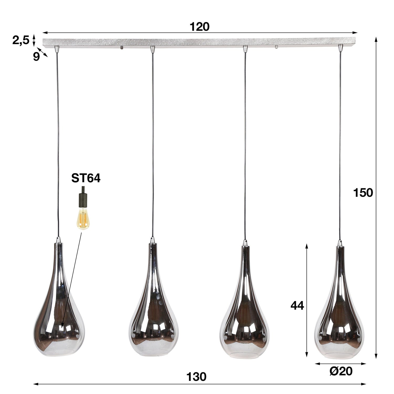 Hanglamp met 4 lampen silver drop glass - 130x20x150 cm - Chromed - Glas
