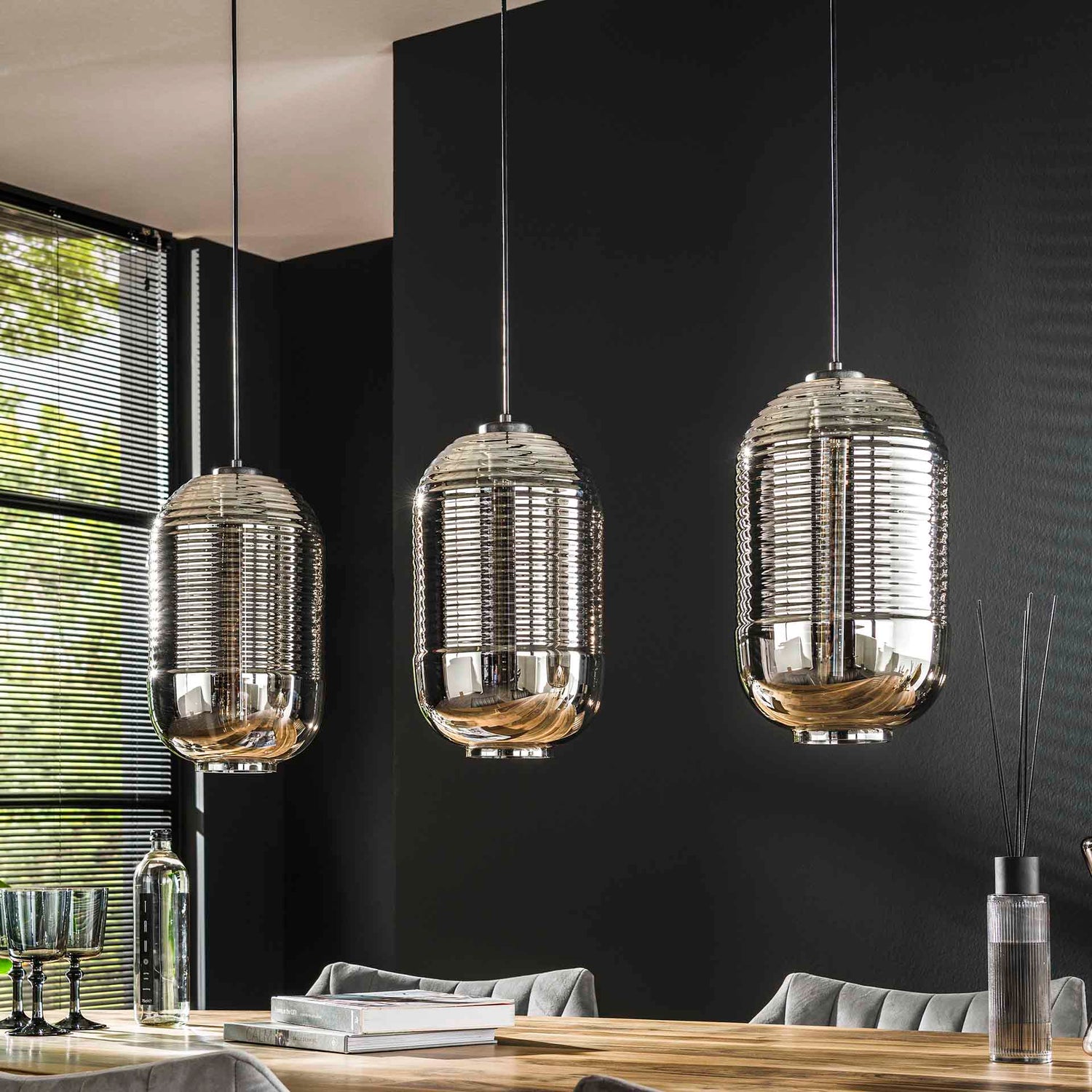 Hanglamp met 3 lampen tub chromed glass - 105x22x150 cm - Artic Zwart - Glas