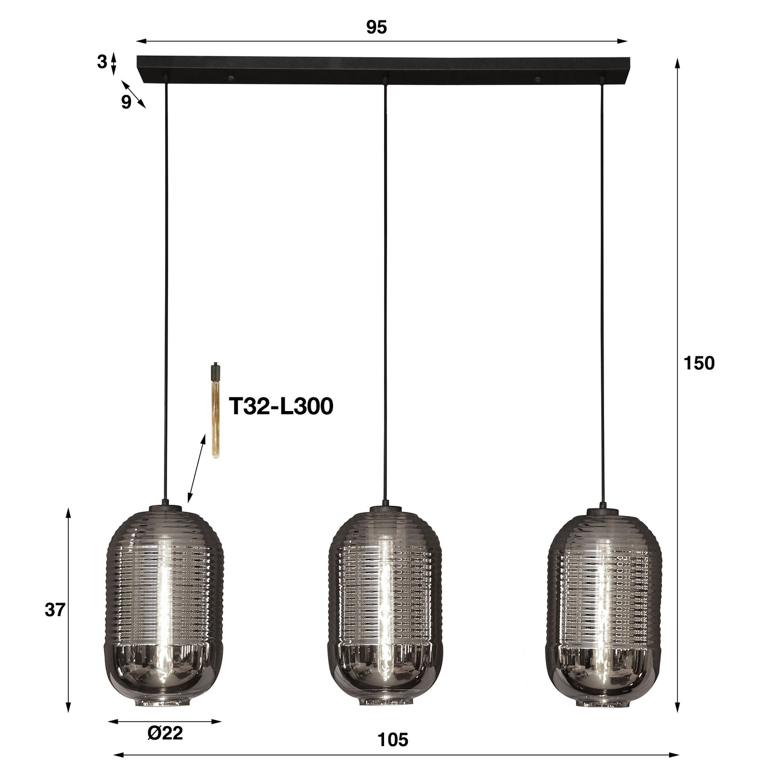 Hanglamp met 3 lampen tub chromed glass - 105x22x150 cm - Artic Zwart - Glas