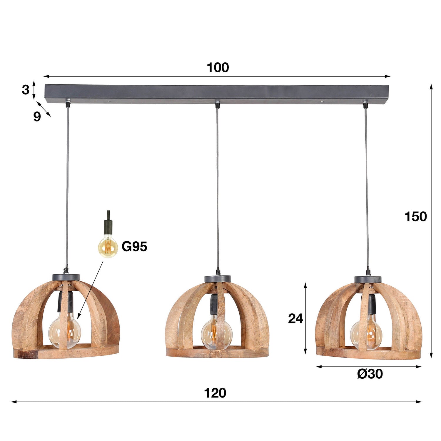 Hanglamp met 3x Ø30 gebogen houten spijlen - 120x30x150 cm - Mango Naturel