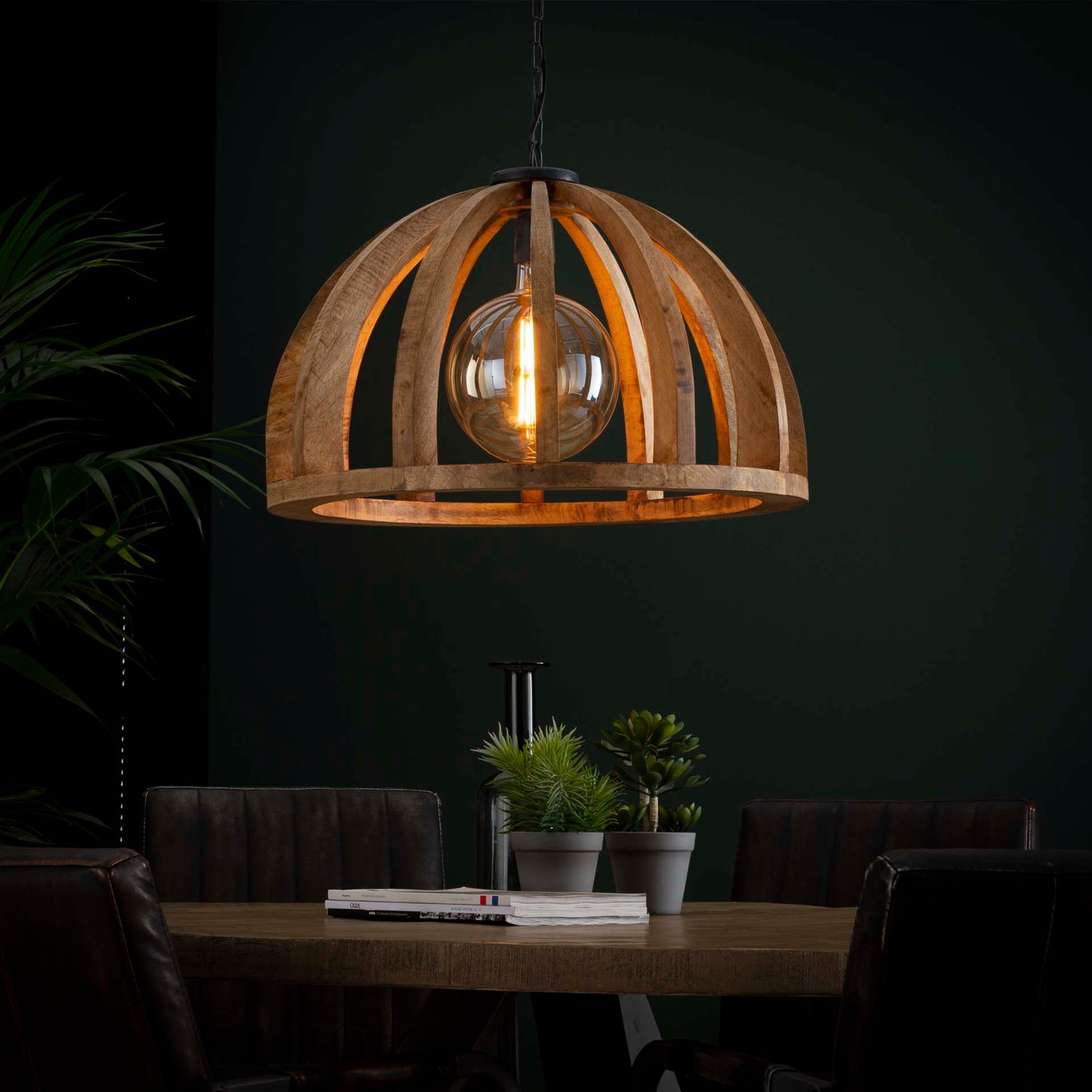 Hanglamp met gebogen houten spijlen Ø60 - 60x60x150 cm - Naturel - Mango