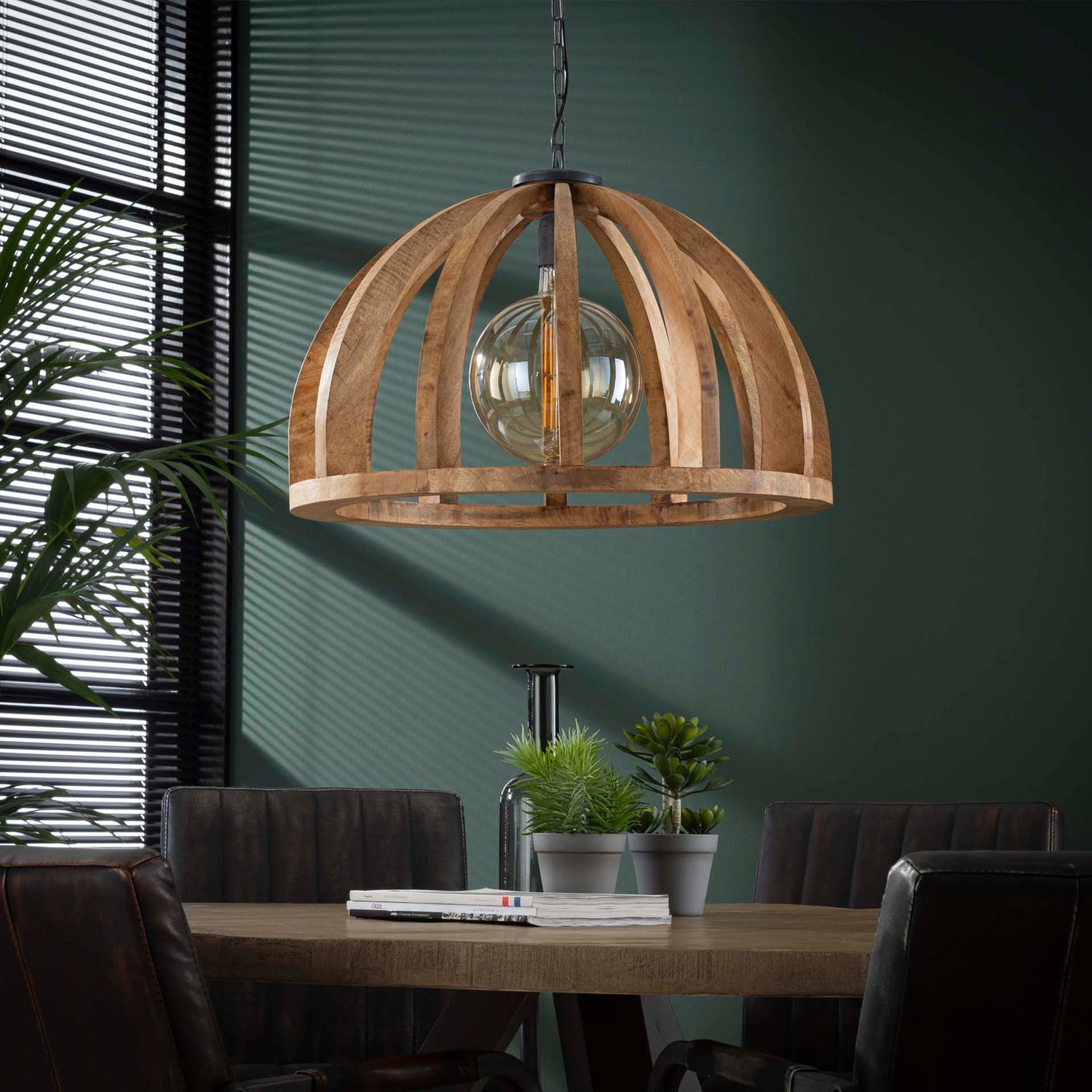 Hanglamp met gebogen houten spijlen Ø60 - 60x60x150 cm - Naturel - Mango