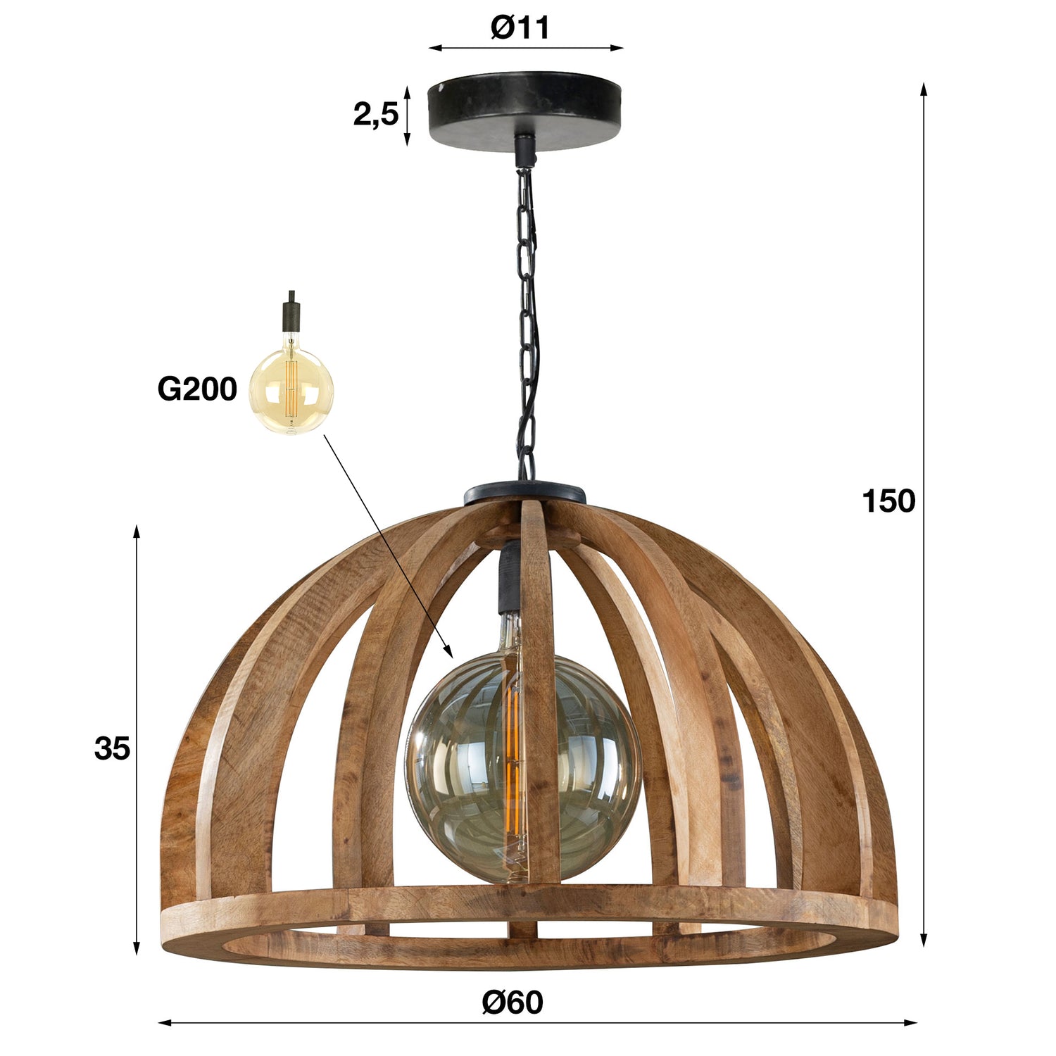 Hanglamp met gebogen houten spijlen Ø60 - 60x60x150 cm - Naturel - Mango