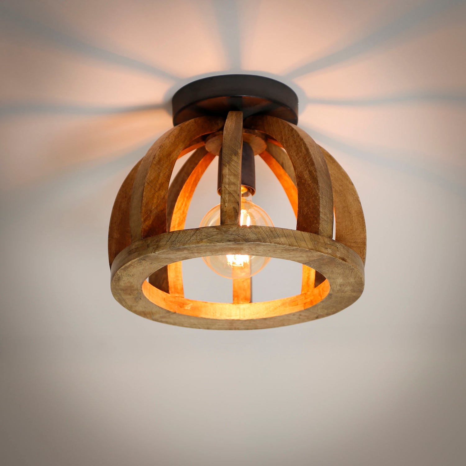 Plafondlamp Gebogen Houten Spijl - 30x30x24 cm - Naturel - Mango