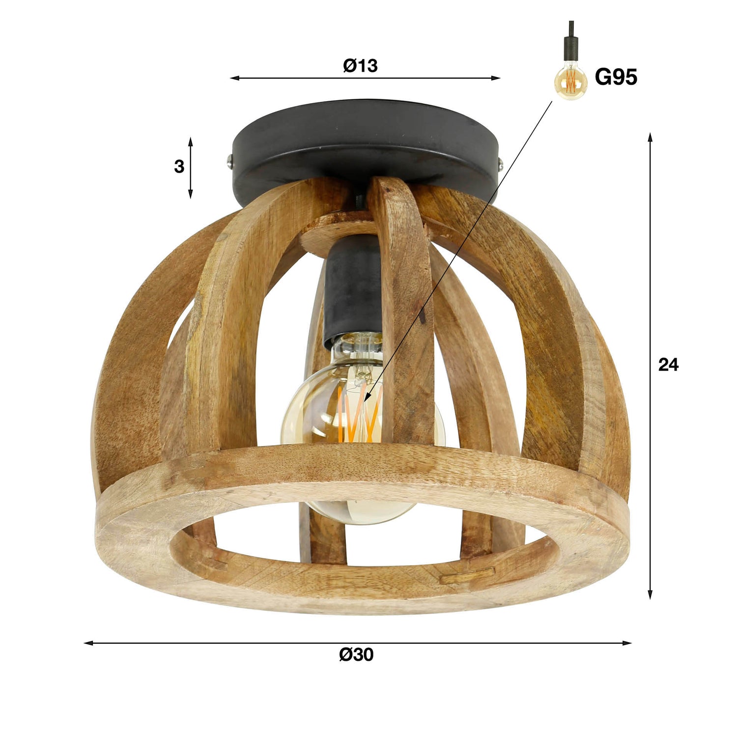 Plafondlamp Gebogen Houten Spijl - 30x30x24 cm - Naturel - Mango