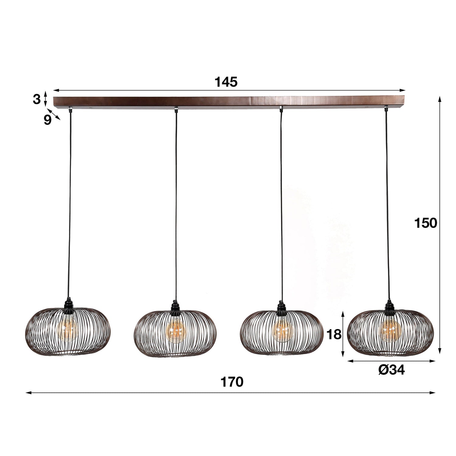 Hanglamp met 4 Lampen Disk Wire Copper Twist - 170x35x150 cm - Zwart Nikkel