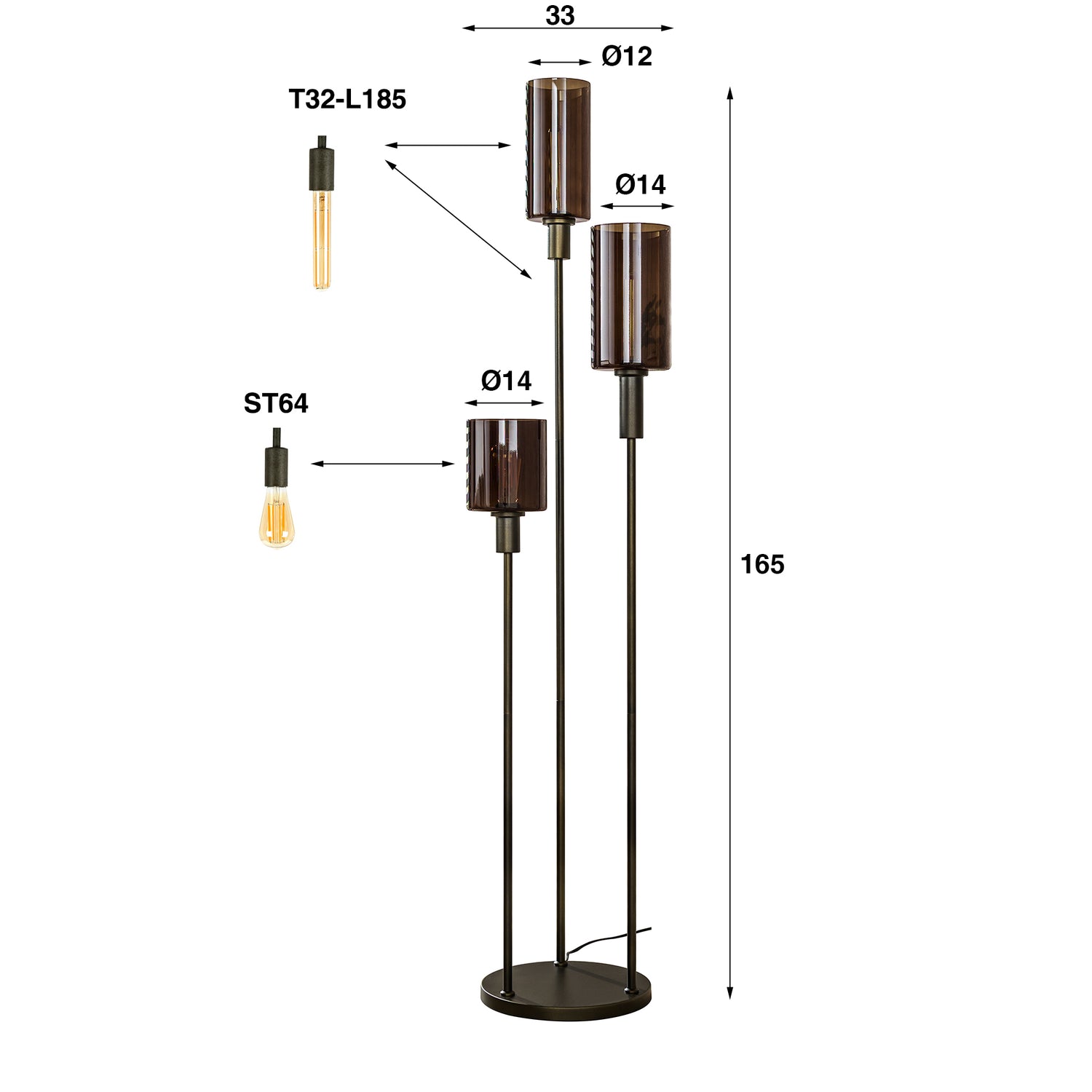 Vloerlamp Sepiora getrapt met 3 lampen - 33x33x165 cm - Sienna Bruin